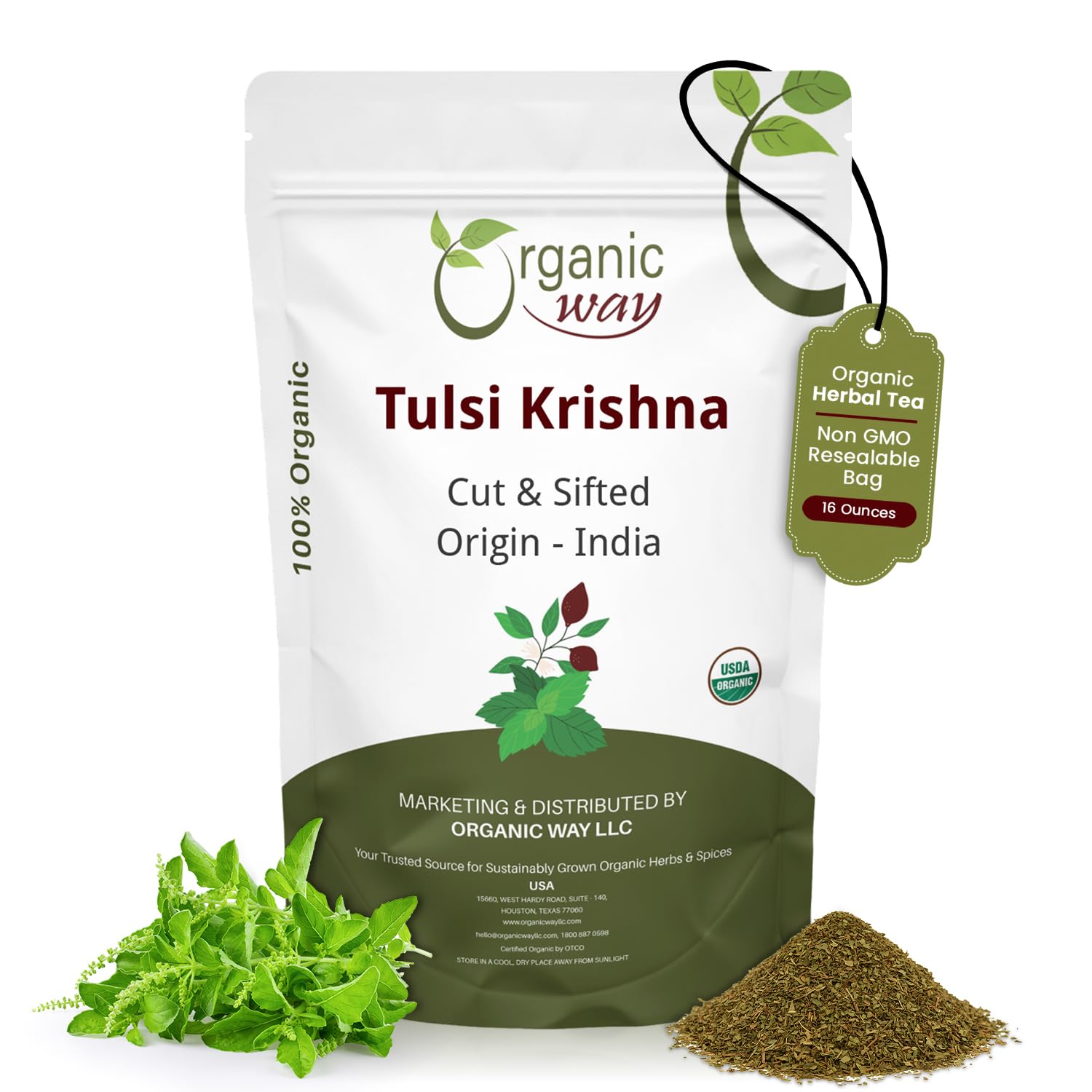 Organic Way envase frontal mostrando tulsi Krishna y frescura
