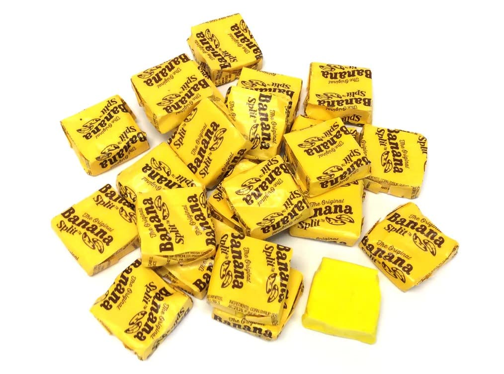 Original Banana Split Candy Chews envase frontal con 140 piezas, ideal para eventos