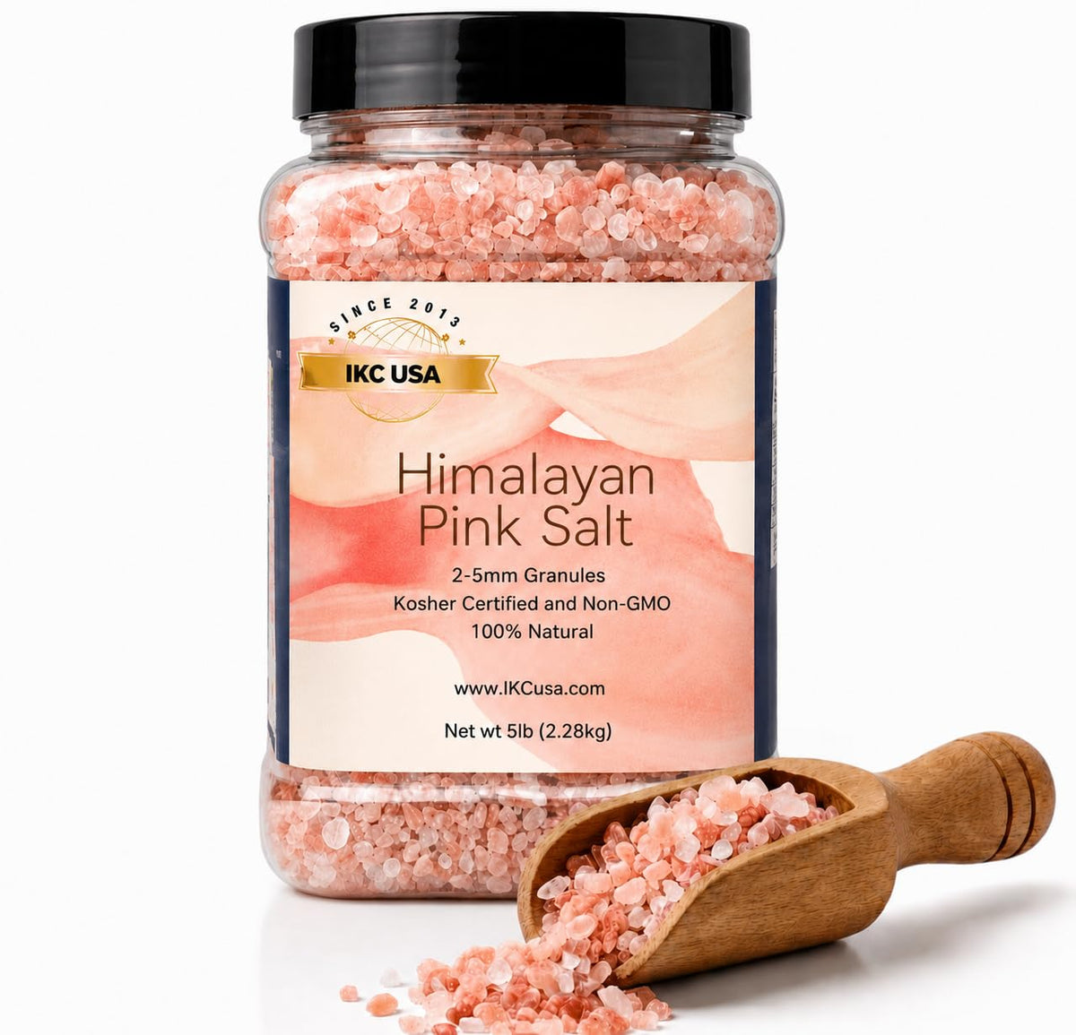 ORYCO paquete frontal de sal rosa Himalaya de 5 lb mostrando el sello natural