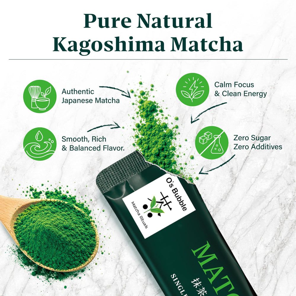 O's Bubble polvo matcha textura fina mostrando disolución instantánea