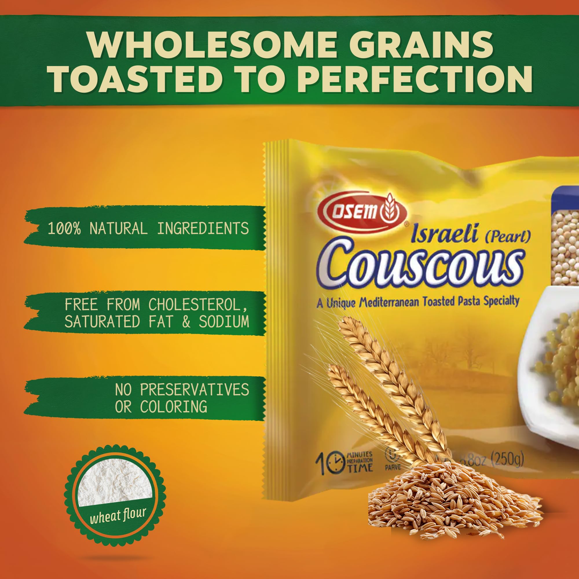 Osem cuscús primer plano de perlas tostadas, evidencia textura firme y apetecible