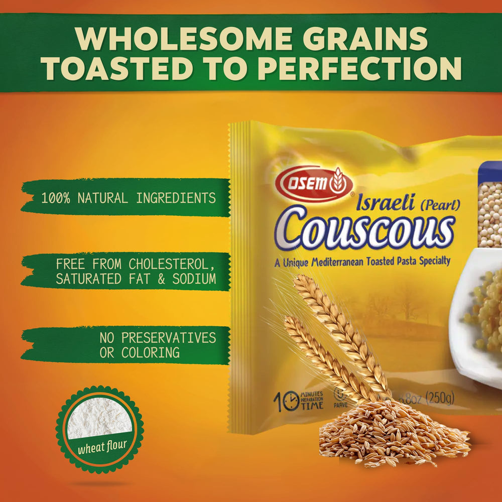 Osem cuscús primer plano de perlas tostadas, evidencia textura firme y apetecible