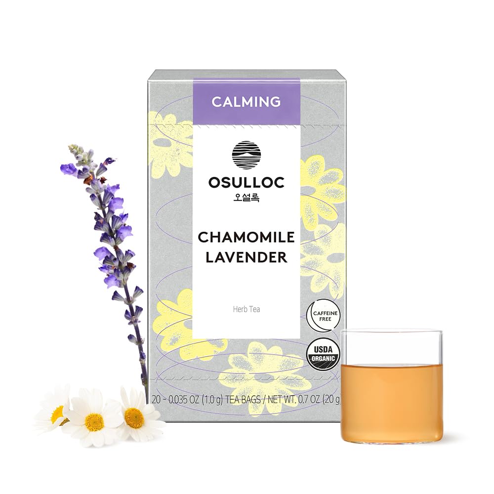 Osulloc caja frontal de Chamomile Lavender mostrando diseño y beneficio de calma