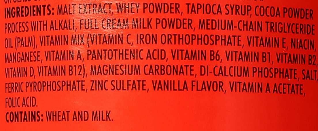 Etiqueta nutricional de Ovaltine mostrando vitaminas y menores azúcares