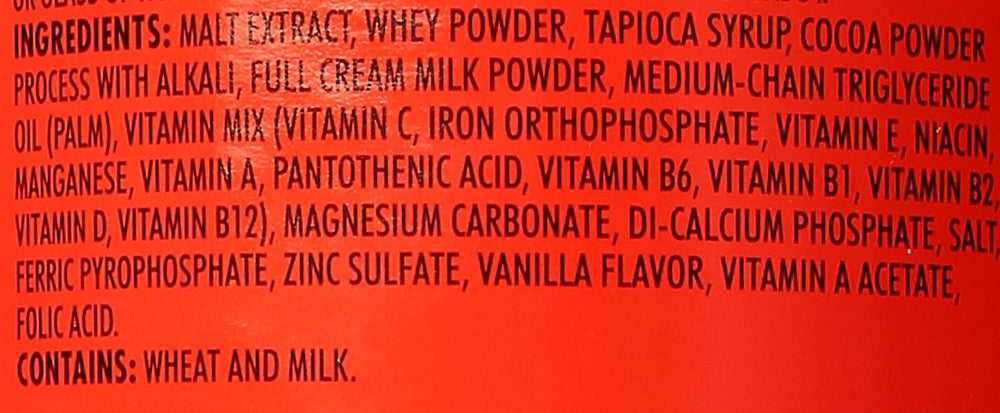 Etiqueta nutricional de Ovaltine mostrando vitaminas y menores azúcares