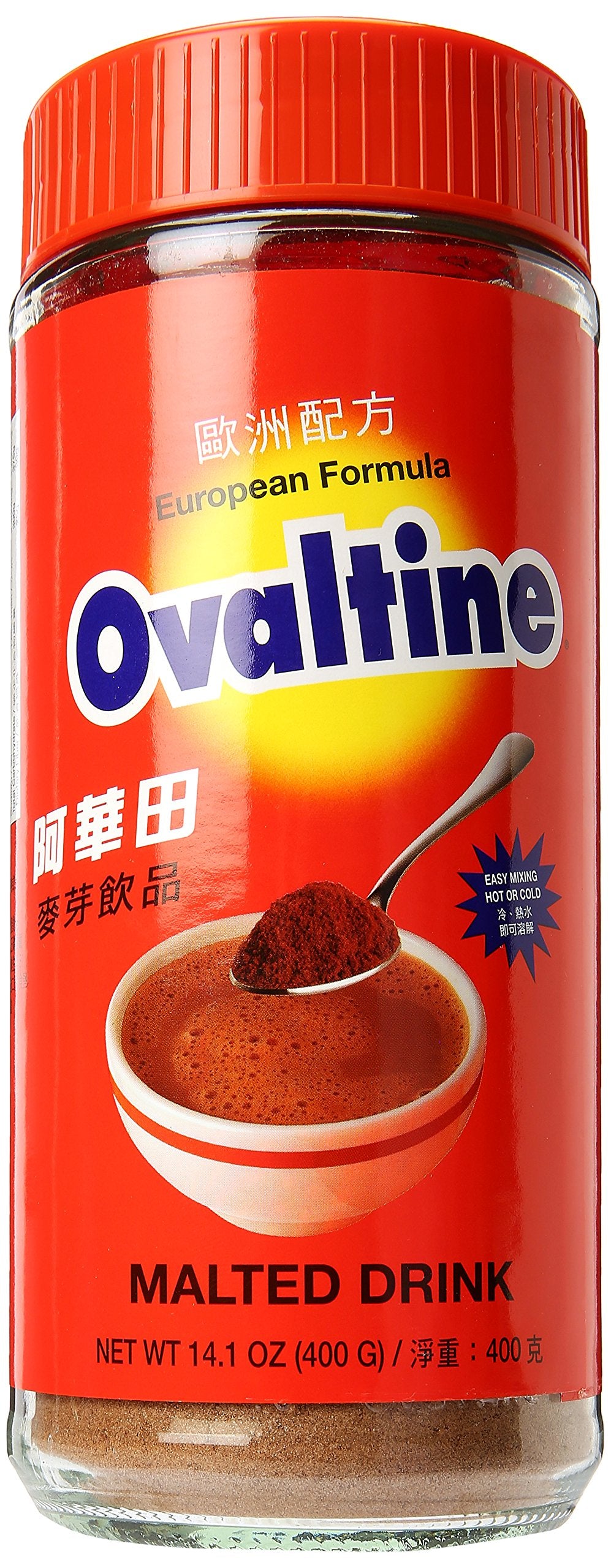 Ovaltine frasco frente mostrando diseño y beneficio sabor malta intenso