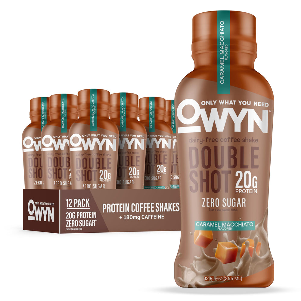 OWYN botella frontal Caramel Macchiato mostrando etiqueta clara y beneficio energético
