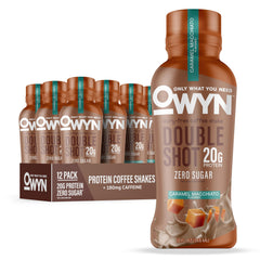 OWYN botella frontal Caramel Macchiato mostrando etiqueta clara y beneficio energético
