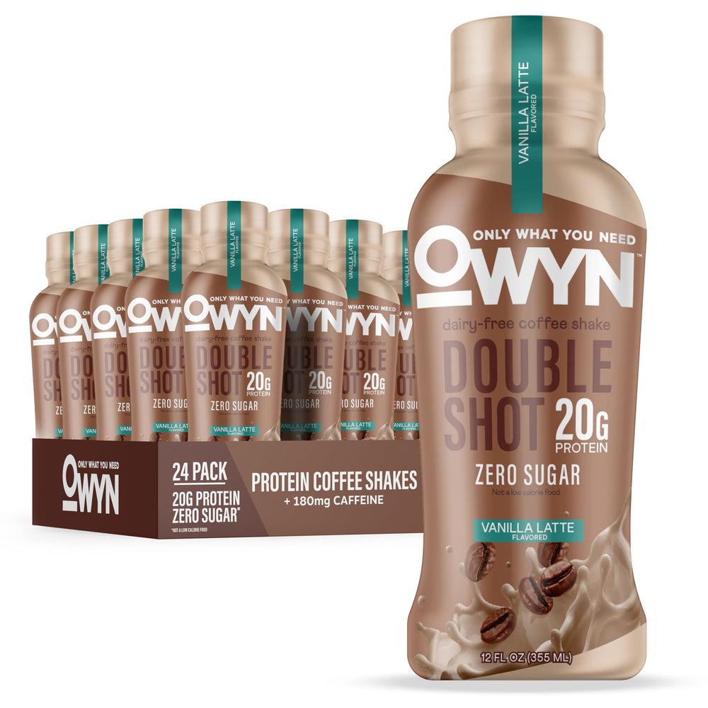 OWYN envase frontal vainilla latte mostrando diseño y tamaño convenientemente