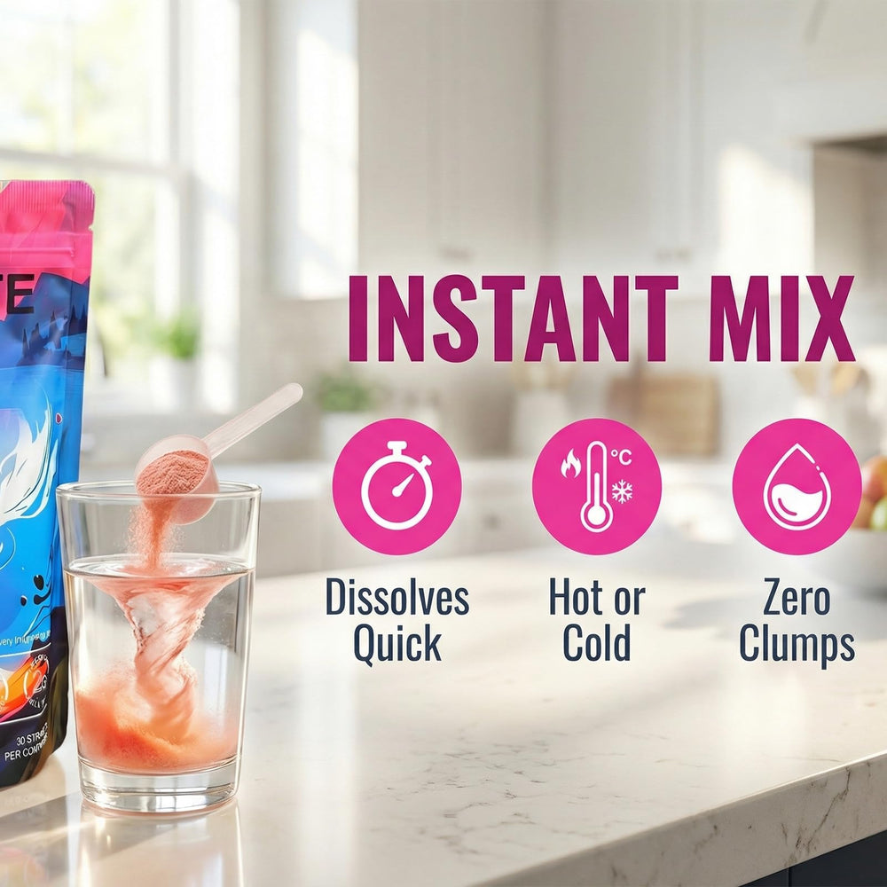 OYEMATE bebida lista en vaso con hielo, sabor durazno mango refrescante
