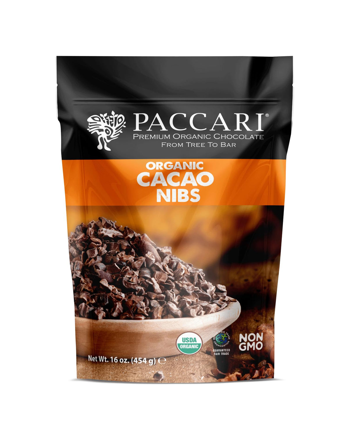 PACARI paquete frontal de nibs de cacao orgánico muestra diseño y cantidad