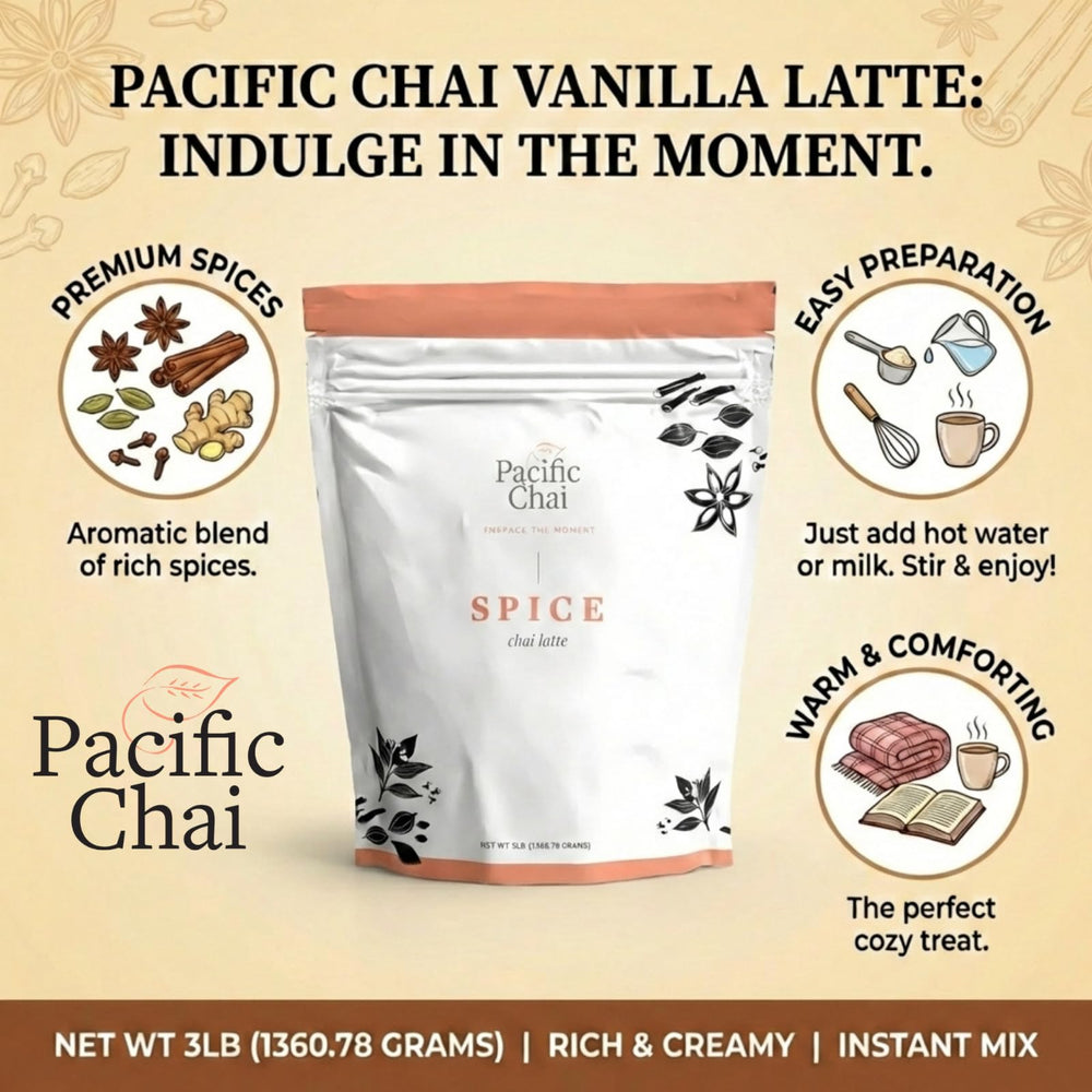 Pacific Chai especias visibles (canela, cardamomo) realzando sabor auténtico