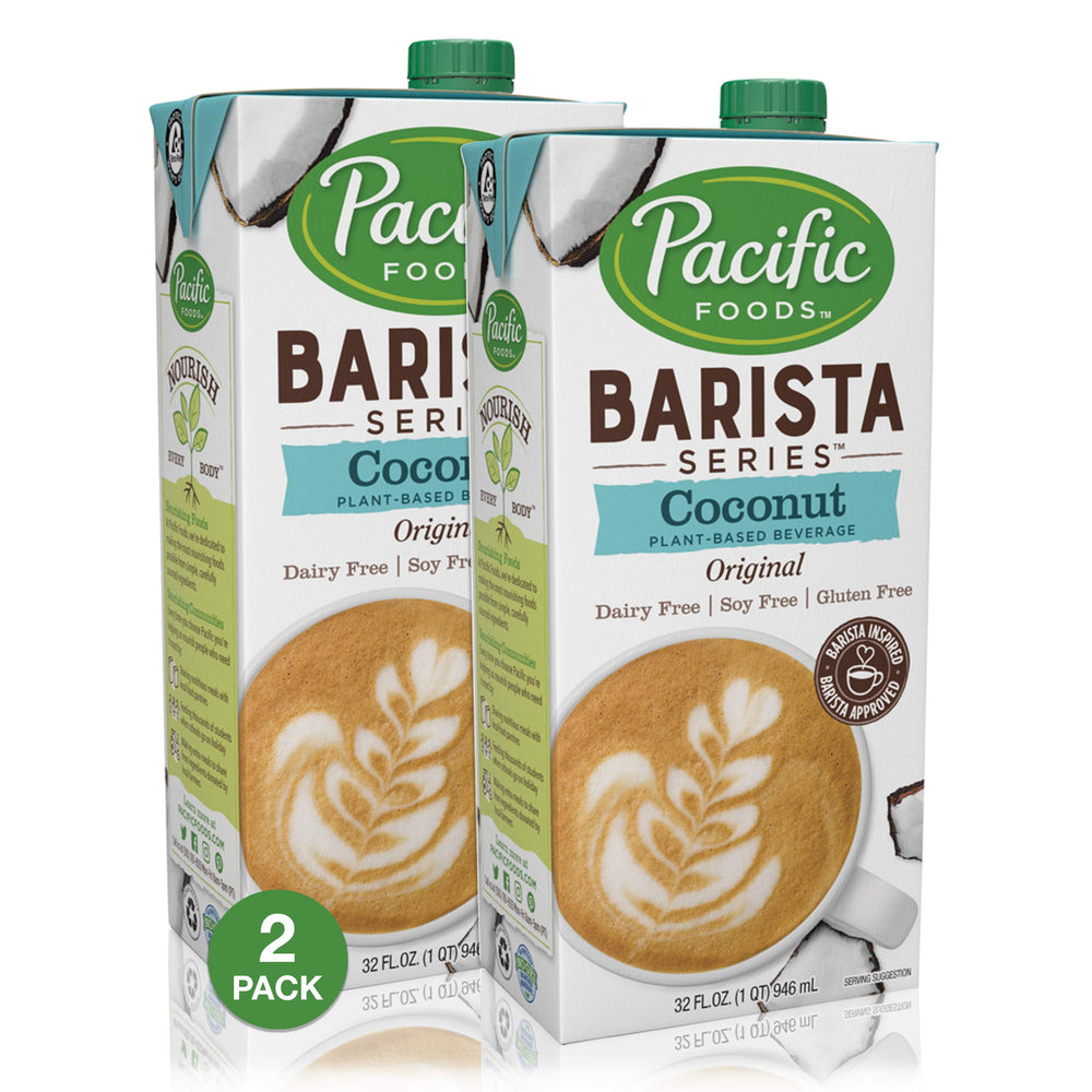 Pacific Foods envase frontal de leche de coco barista, presenta ventaja de espumar bien