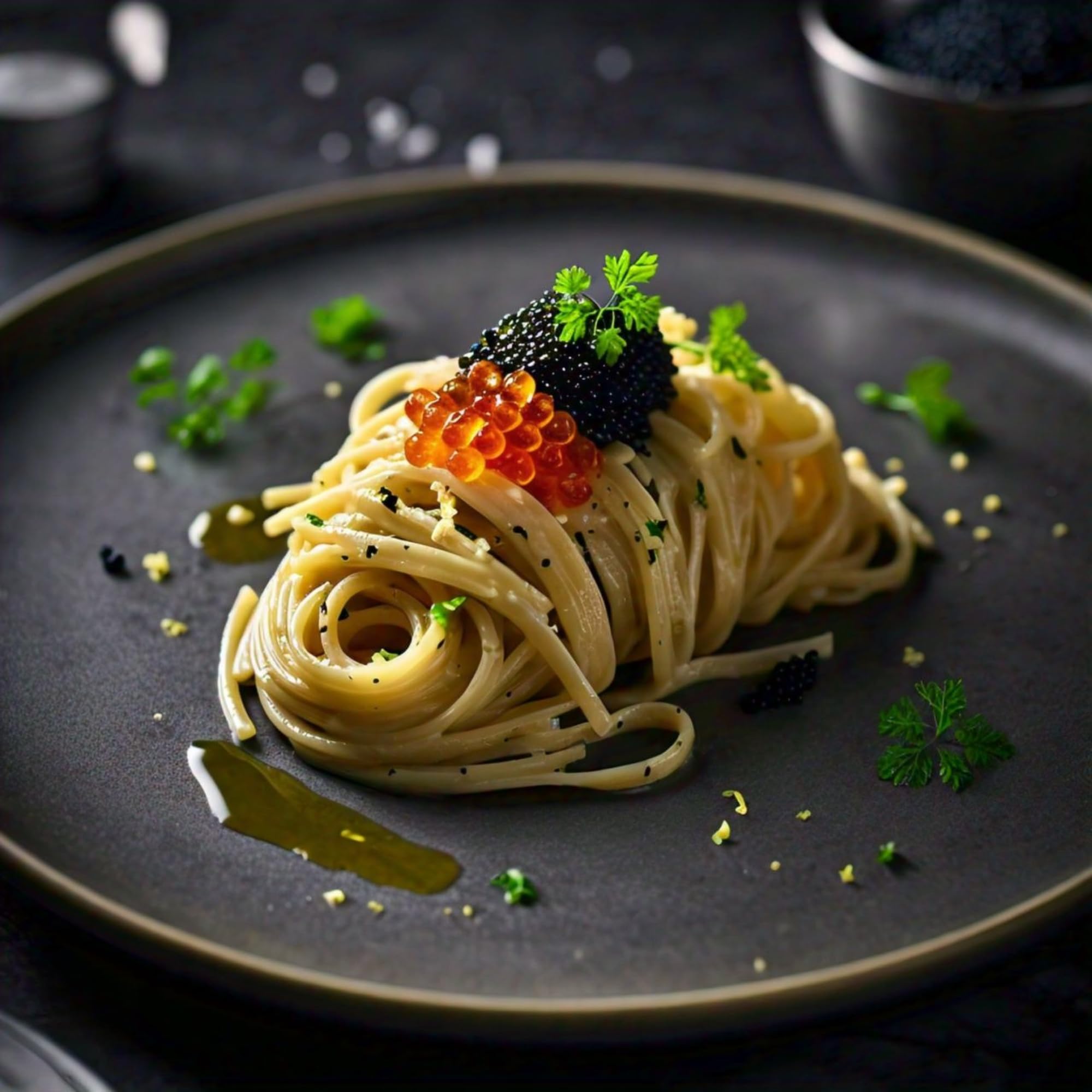 Pacific Secrets caviar vegano servido en blini como aperitivo sofisticado