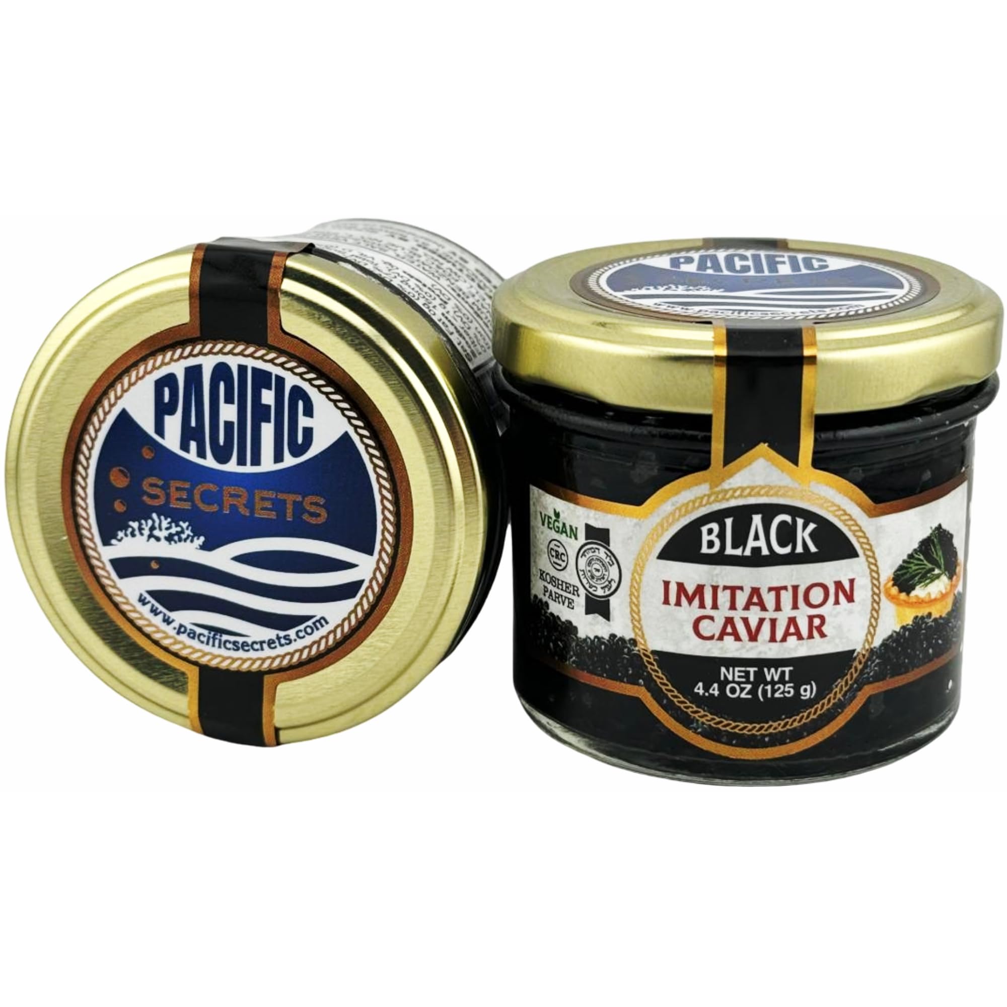 Pacific Secrets frasco frontal mostrando perlas negras y presentación elegante