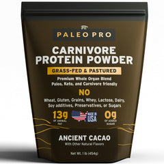 Paleo Pro envase frontal mostrando información y sabor cacao, conveniente y nutritivo
