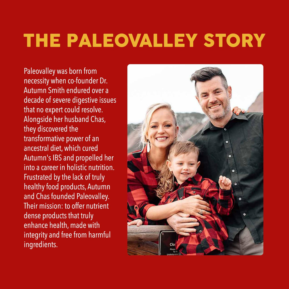Paleovalley etiqueta nutricional destacando proteínas y origen del producto