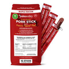 Paleovalley empaque frontal mostrando sabor maple y ventaja de proteína portátil