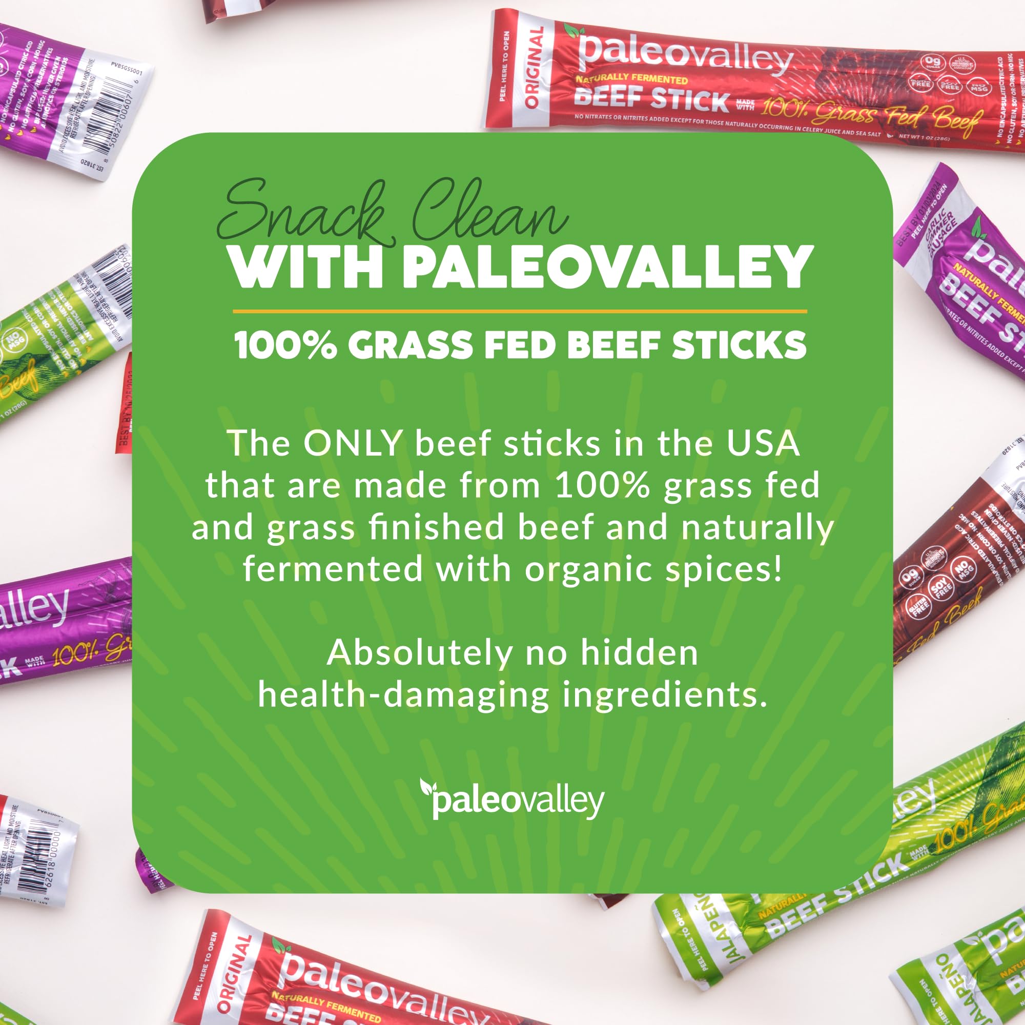 Paleovalley palitos sostenidos en mano para snack alto en proteína
