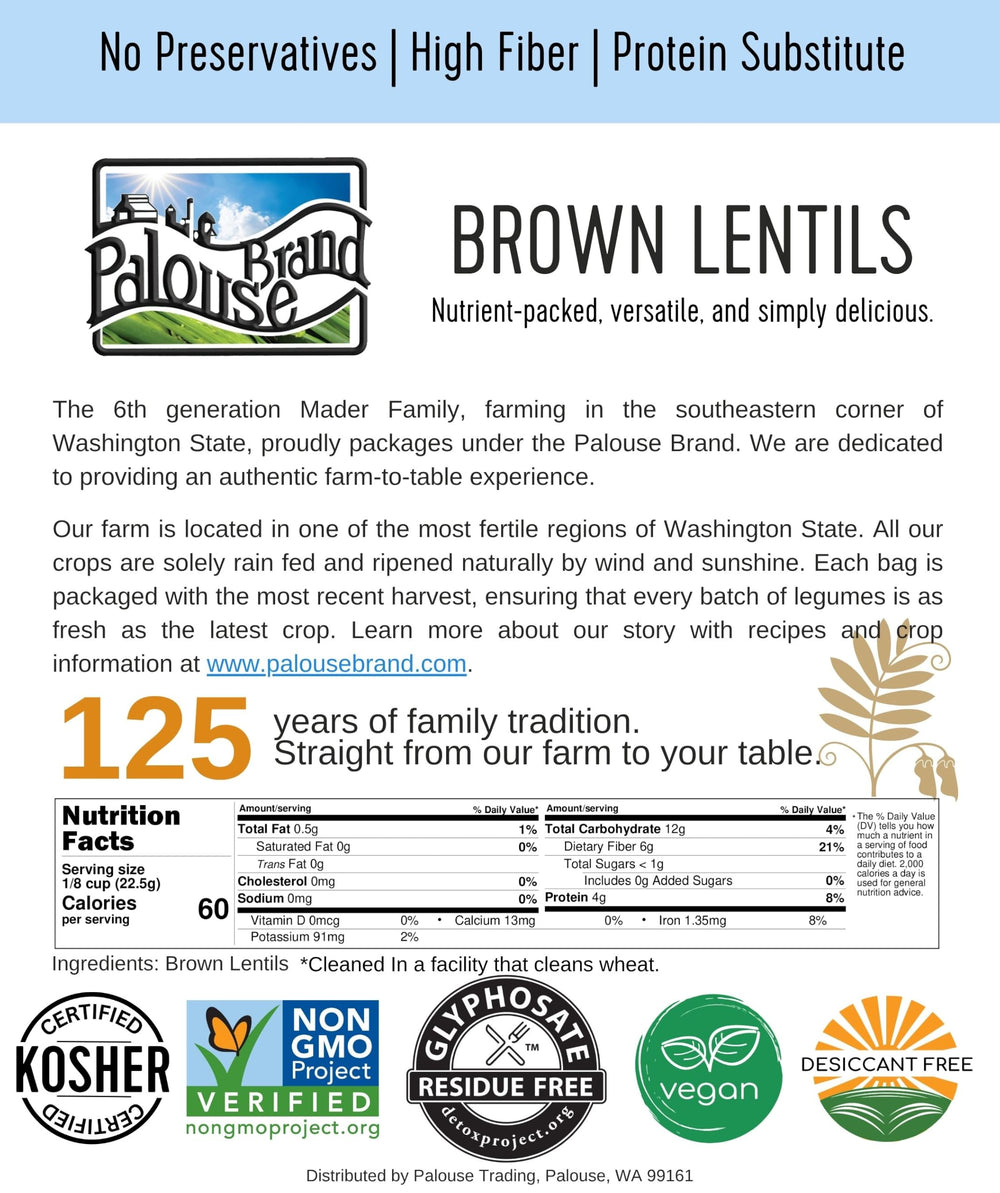 Etiqueta Palouse Brand con certificaciones Non-GMO y libre de glifosato visible