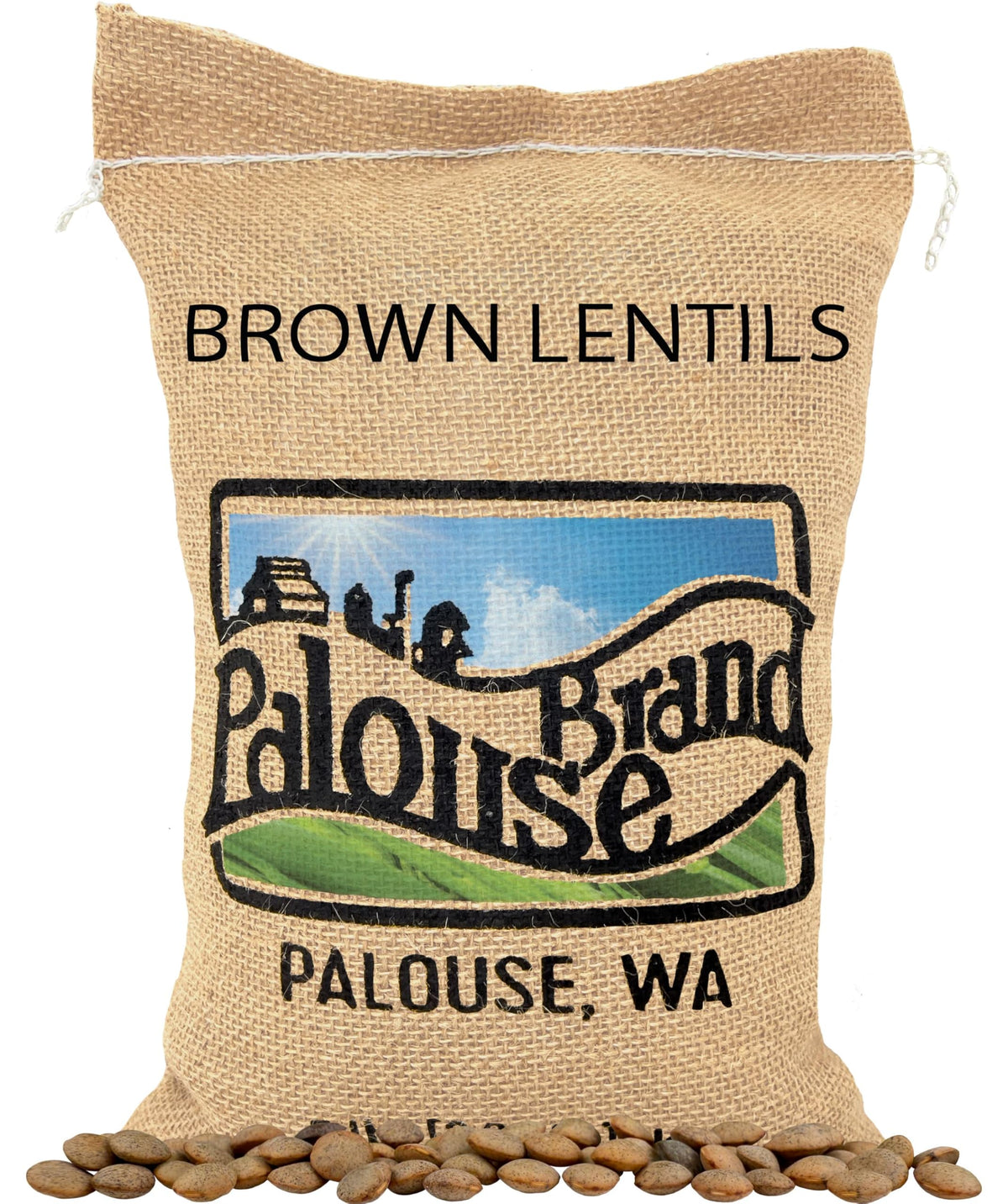 Palouse Brand paquete frontal de lentejas marrones mostrando tamaño y marca