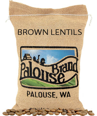 Palouse Brand paquete frontal de lentejas marrones mostrando tamaño y marca