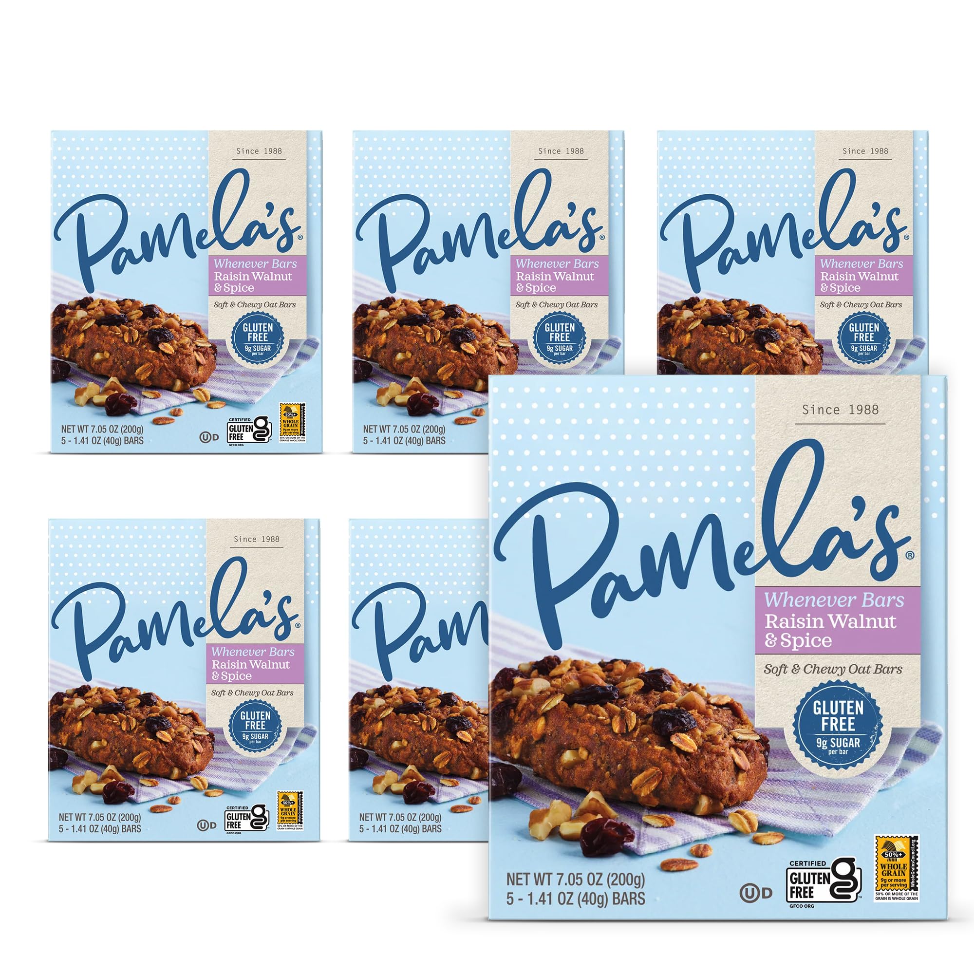 Pamela's front packaging mostrando caja de barras y beneficios