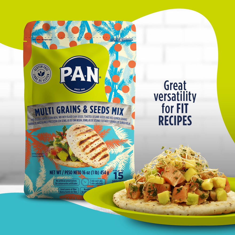P.A.N. ingredientes separados: maíz, chía, sésamo y quinua para transparencia