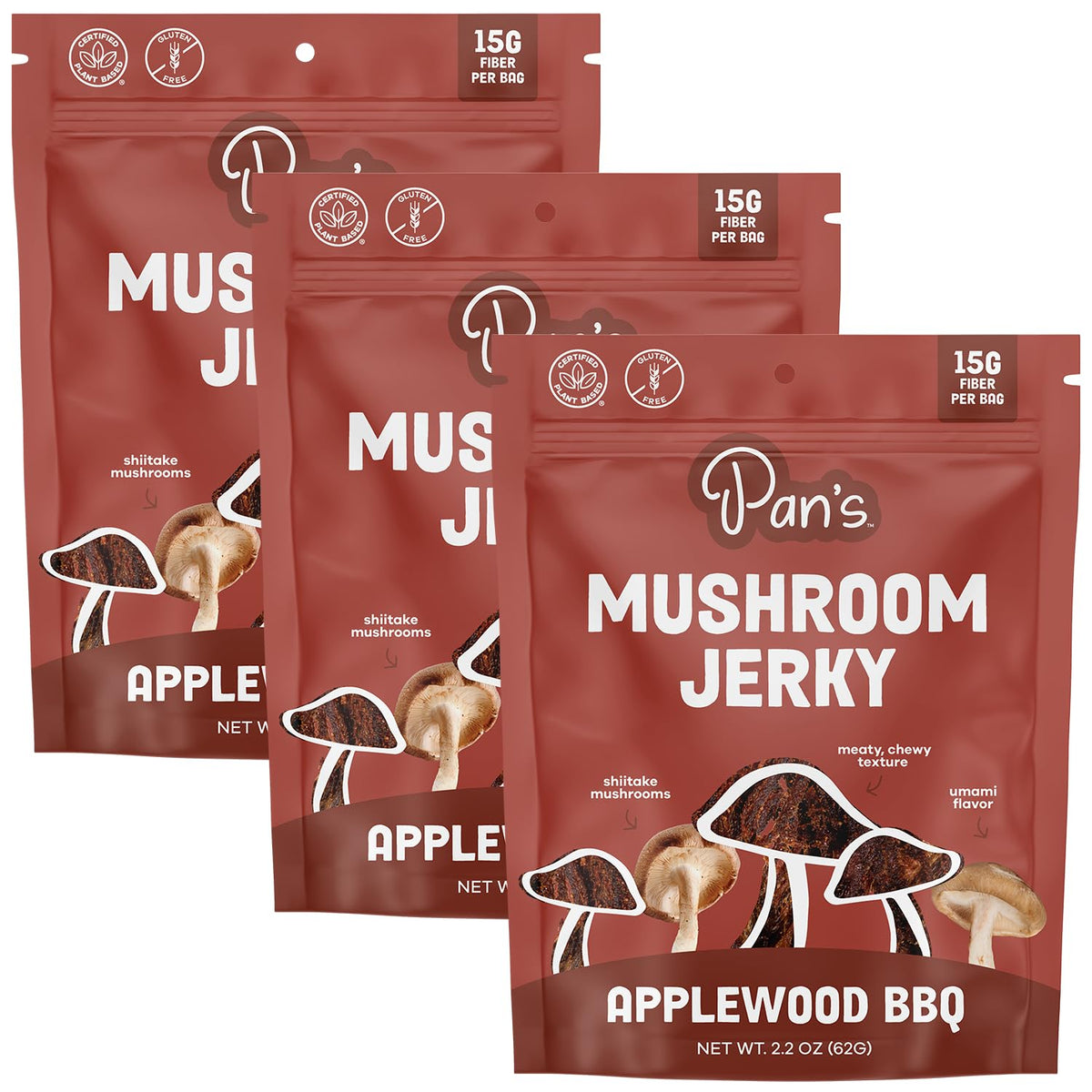 Pan's empaque frontal mostrando jerky vegana y beneficio portátil