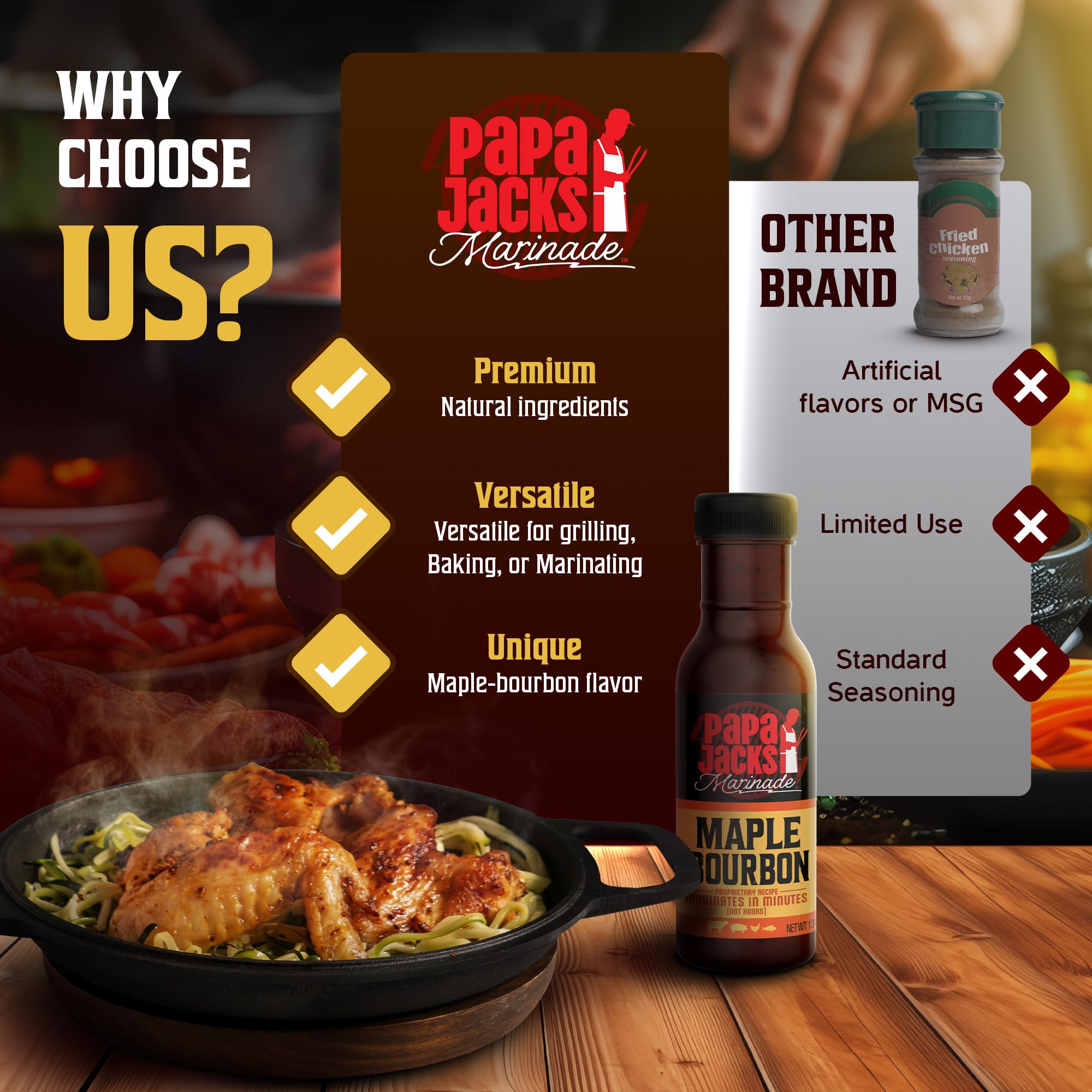 Papa Jacks glaseado en pollo asado resaltando acabado dorado