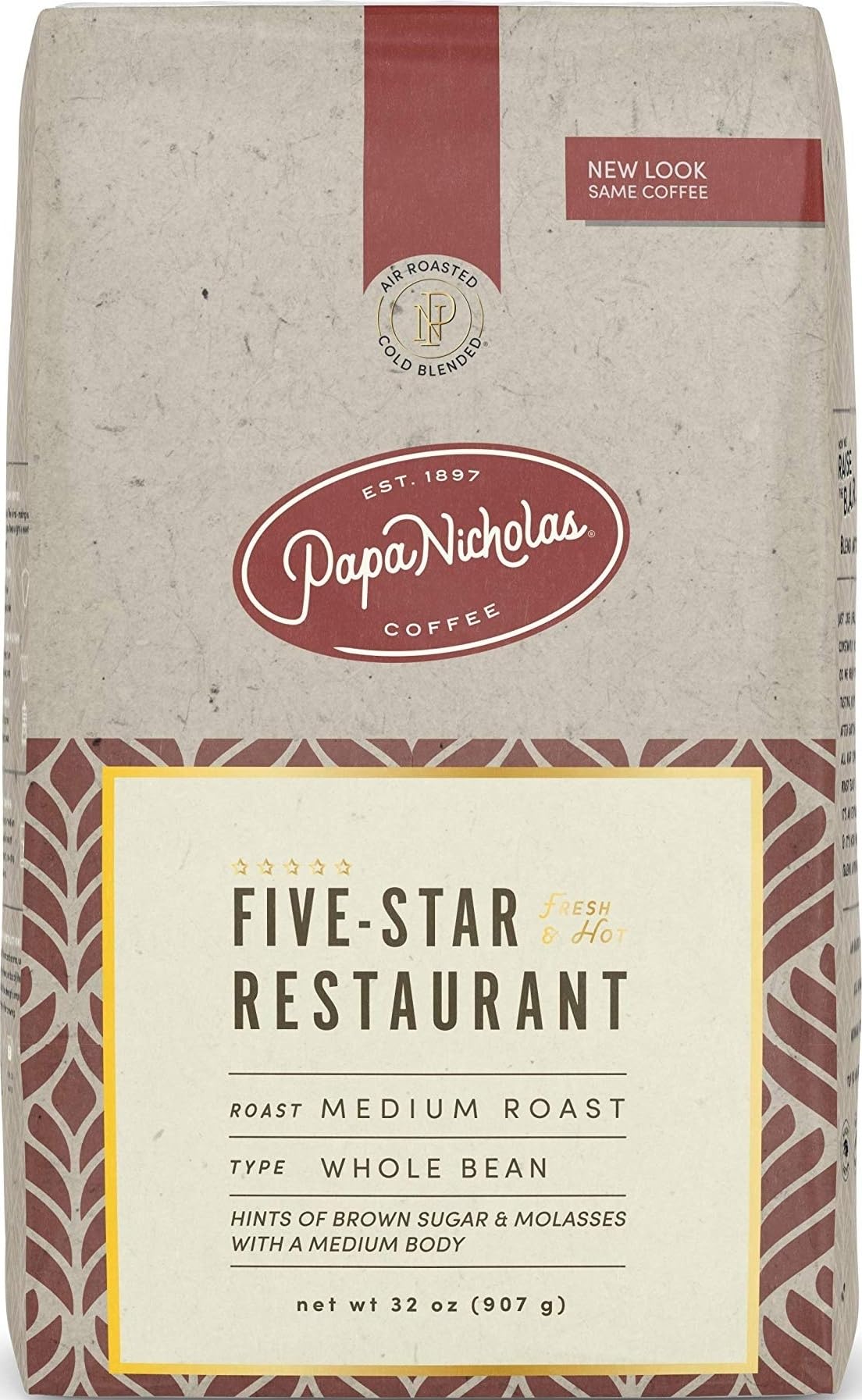 PapaNicholas Coffee bolsa frontal 2 lb mostrando etiqueta y frescura para molienda diaria