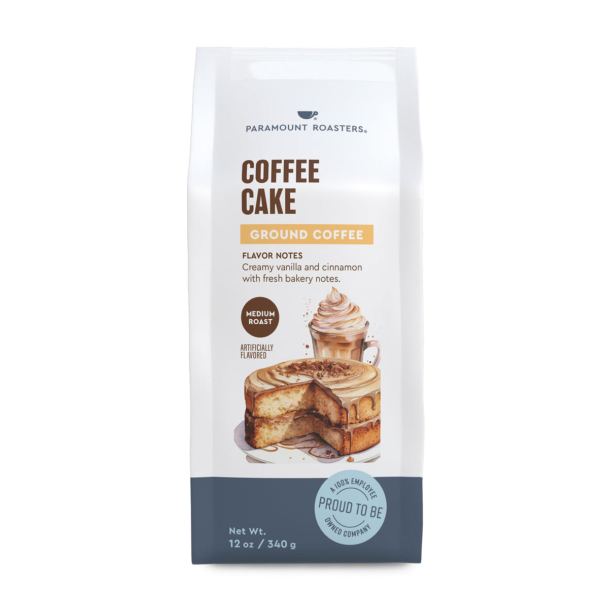 Paramount Roasters frente del empaque mostrando 12 oz y sabor coffee cake