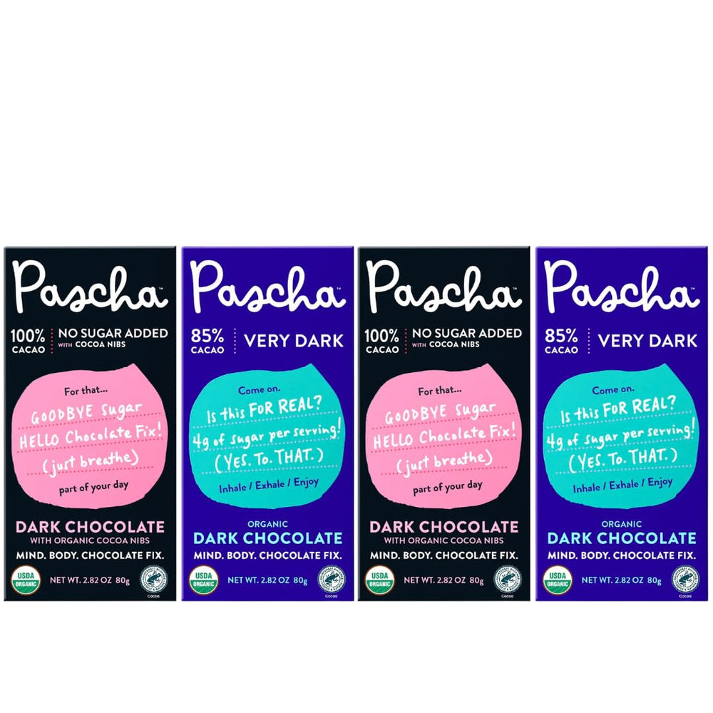 Pascha frontal pack variedad mostrando las cuatro barras y beneficios orgánicos