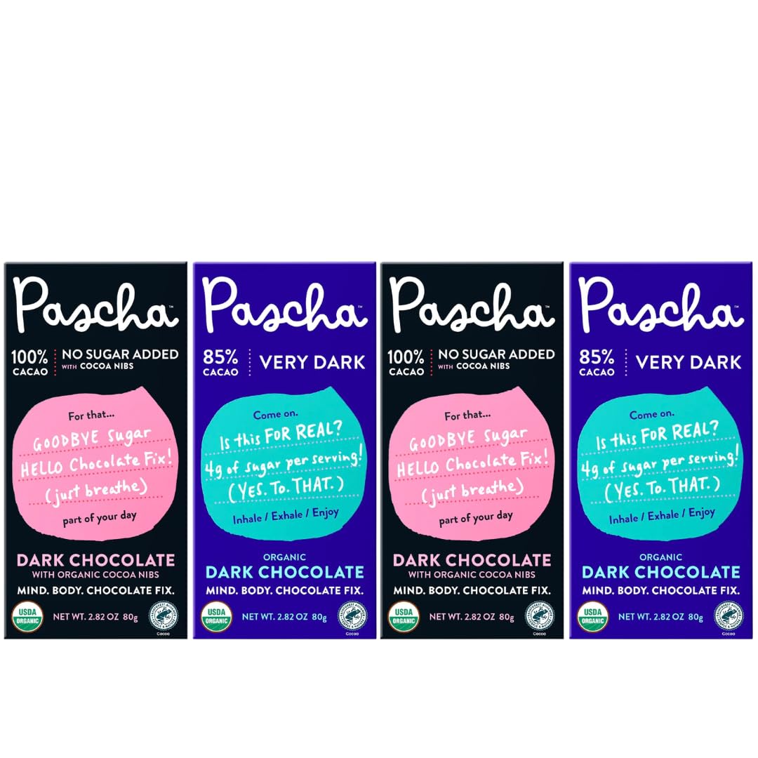 Pascha frontal pack variedad mostrando las cuatro barras y beneficios orgánicos