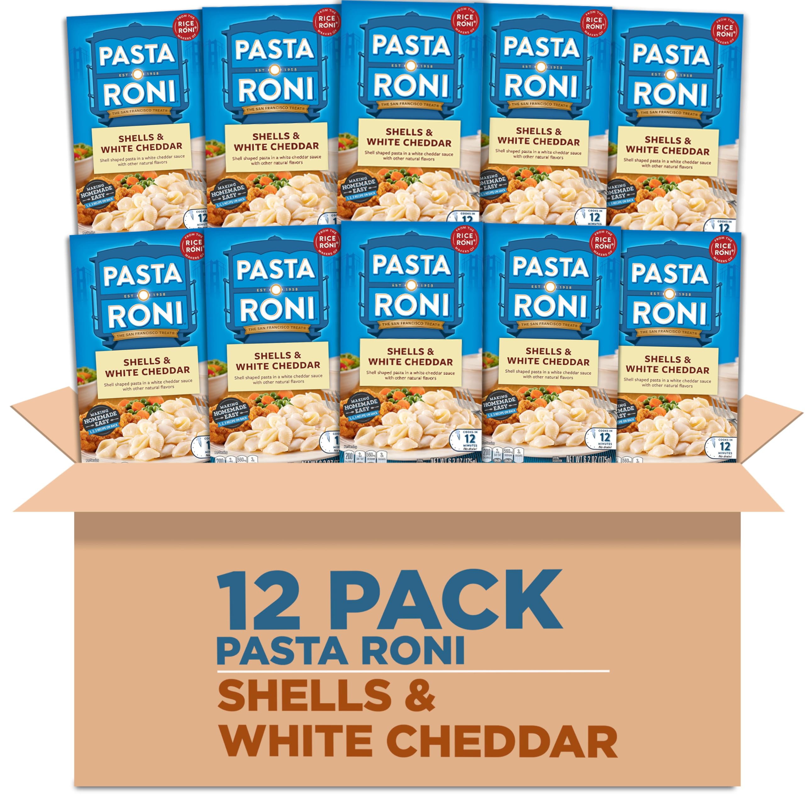 Pasta Roni empaque frontal con conchas y salsa cheddar, conveniencia de preparación rápida
