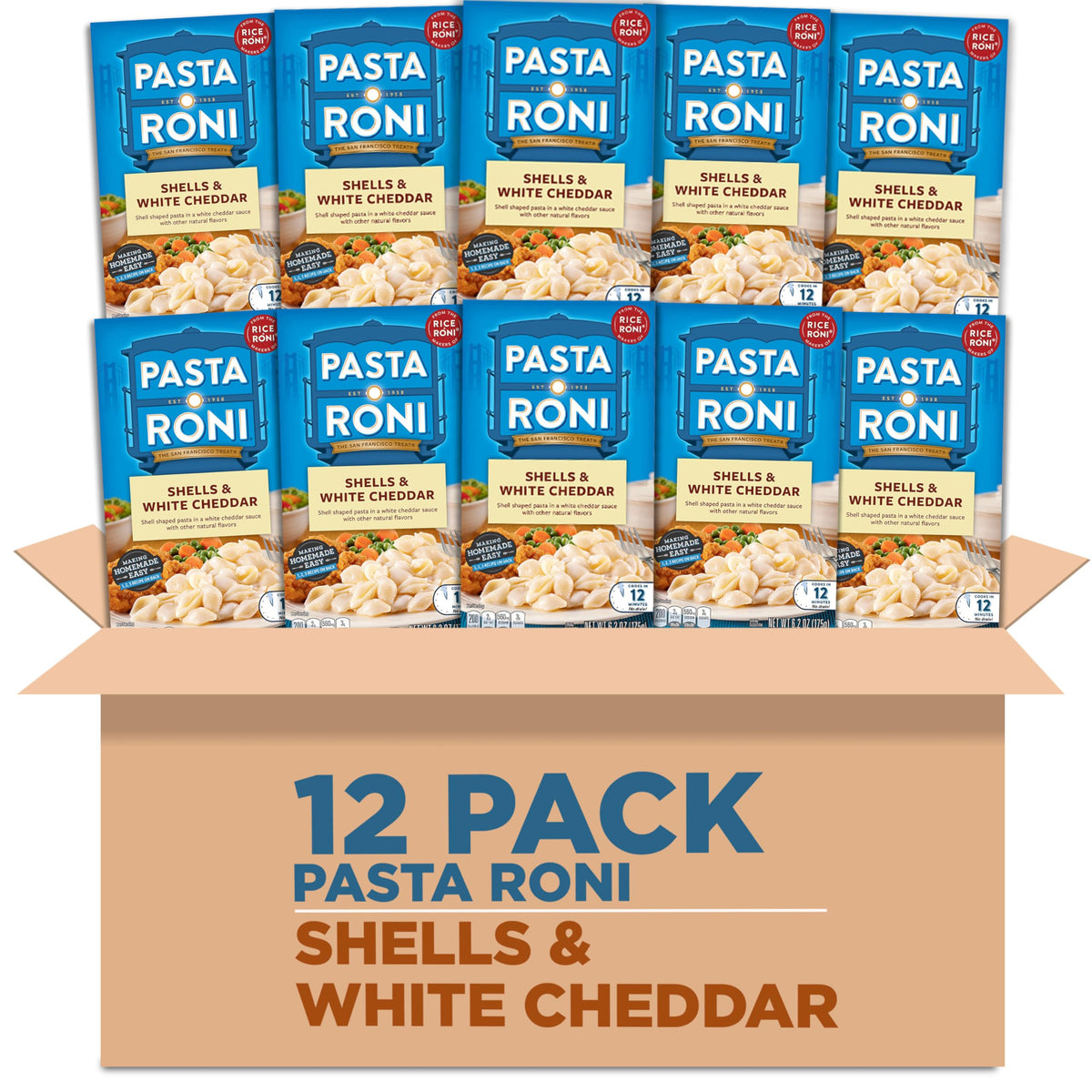 Pasta Roni empaque frontal con conchas y salsa cheddar, conveniencia de preparación rápida