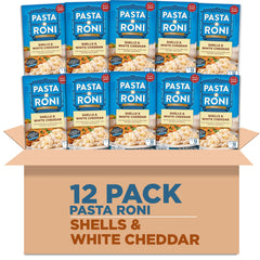 Pasta Roni empaque frontal con conchas y salsa cheddar, conveniencia de preparación rápida