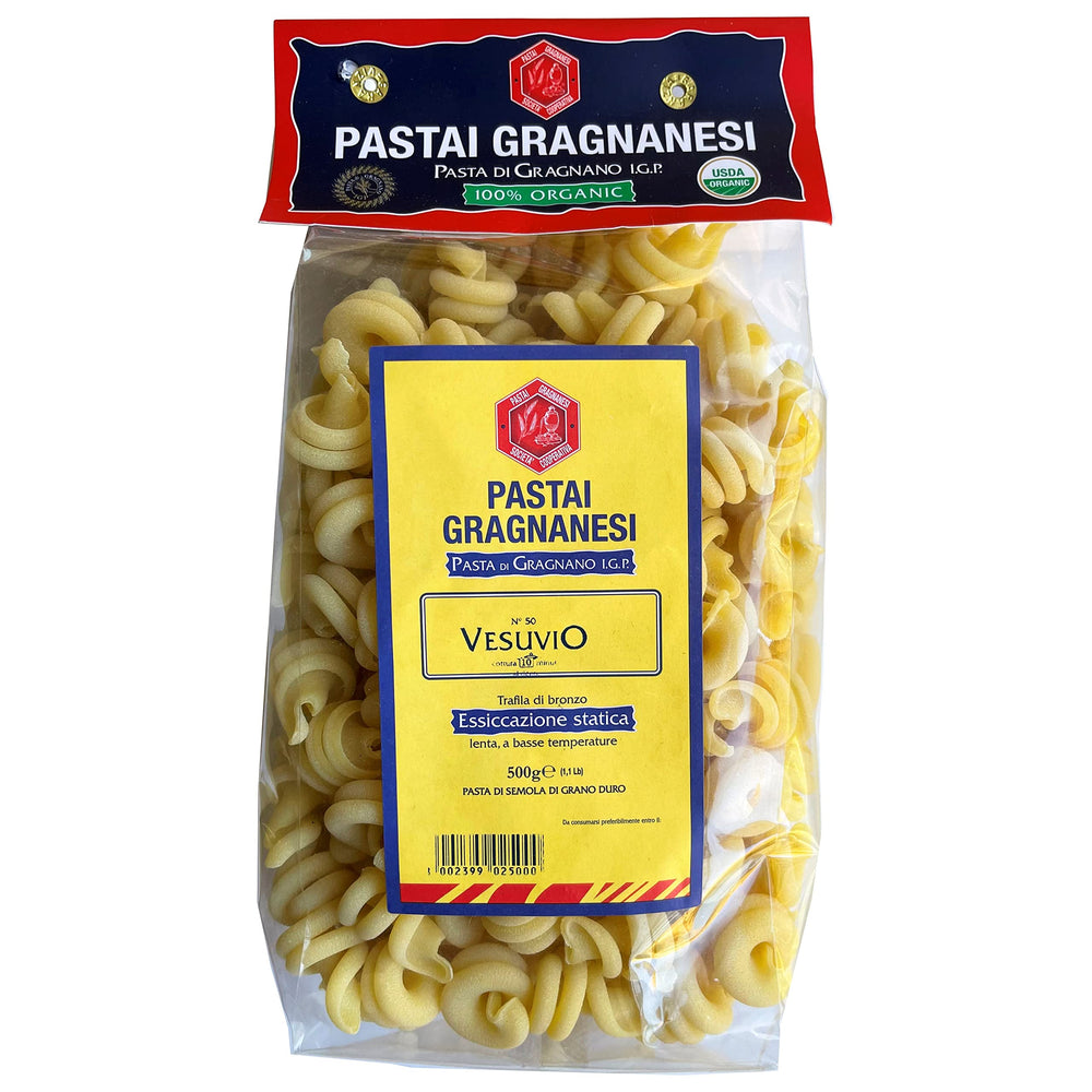 Pastai Gragnanesi paquete frontal Vesuvio 500g mostrando etiqueta orgánica y textura rugosa
