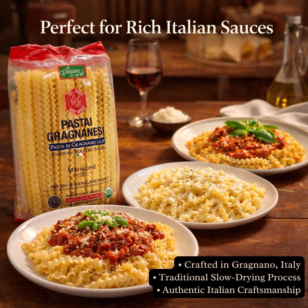 Pastai Gragnanesi detalle del borde ondulado de mafaldine que atrapa la salsa