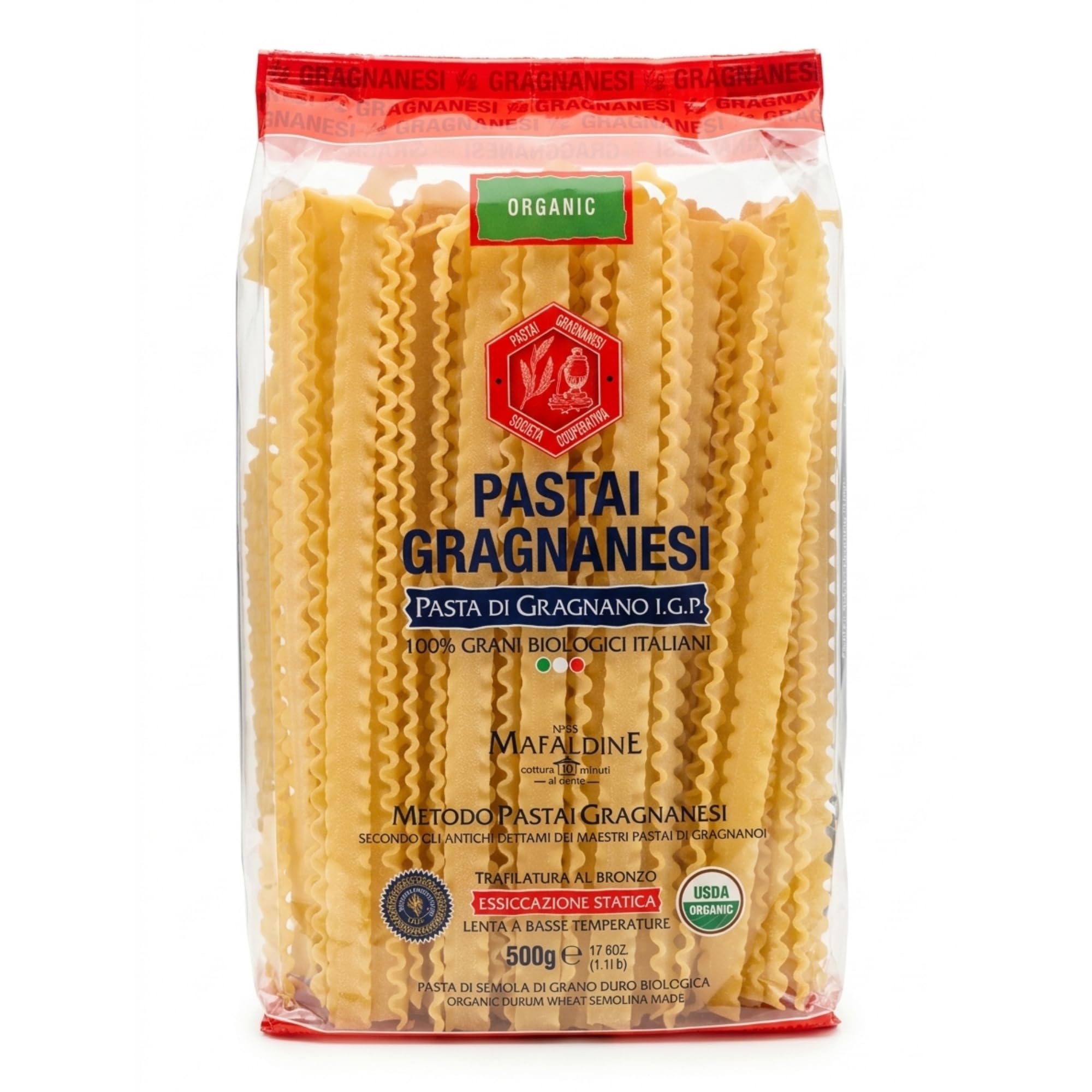 Pastai Gragnanesi paquete frontal mostrando la marca y forma mafaldine, calidad orgánica