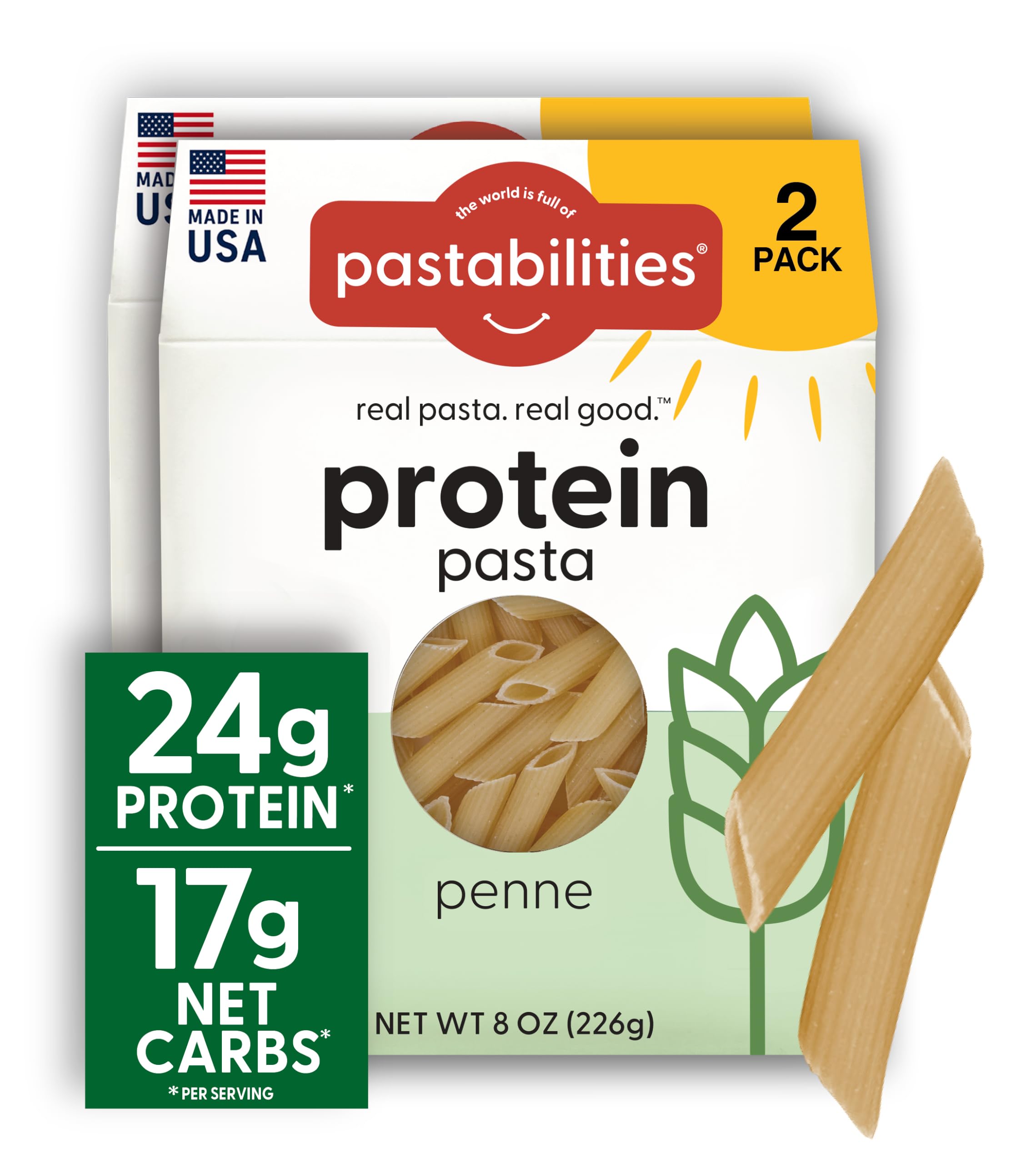 Pastabilities penne frente del empaque mostrando el producto y ventajas nutricionales