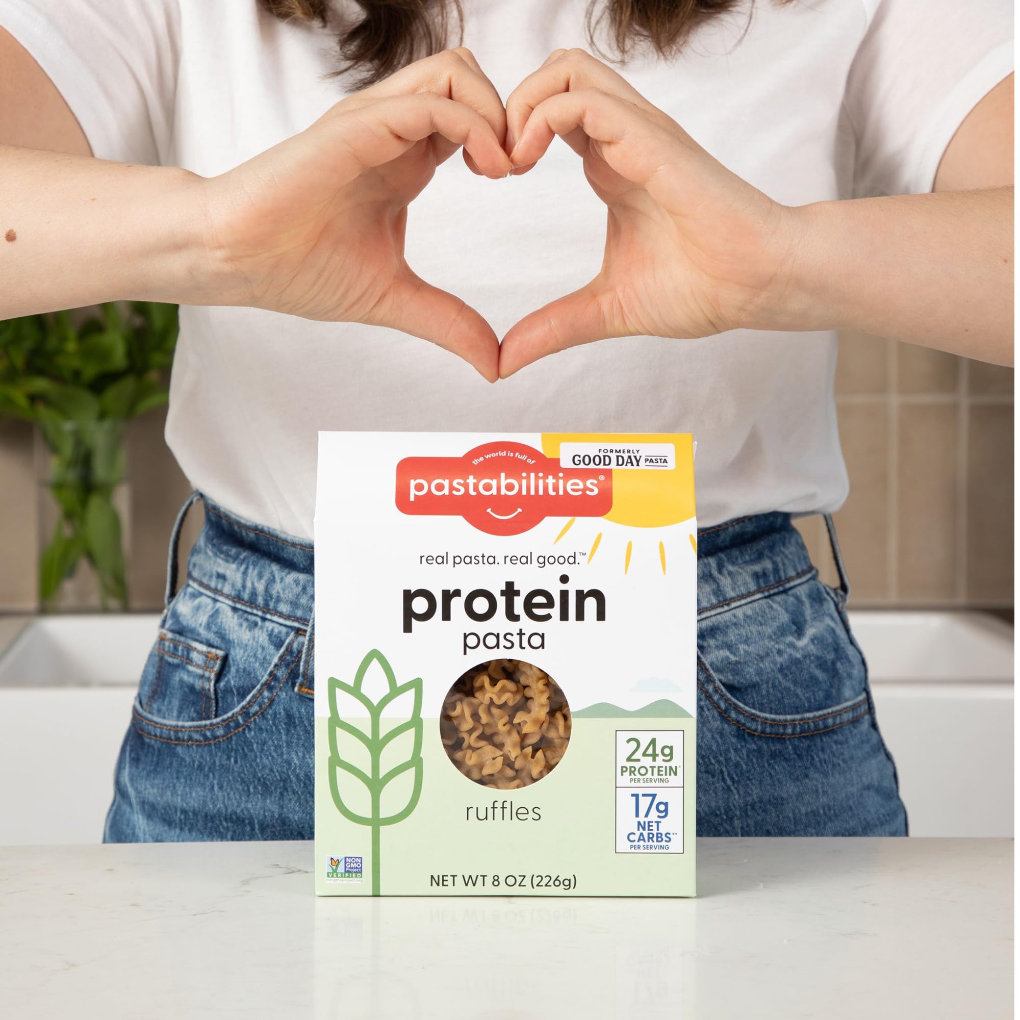 Pastabilities Ruffles etiqueta con certificaciones non‑GMO y vegana visibles
