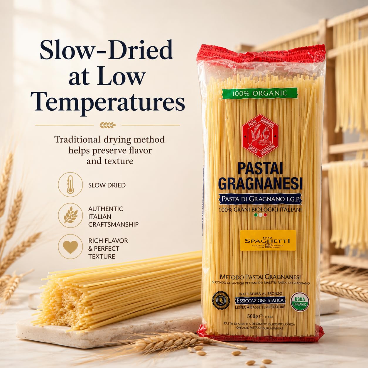 Pastai Gragnanesi etiqueta IGP y certificación orgánica confianza en el origen