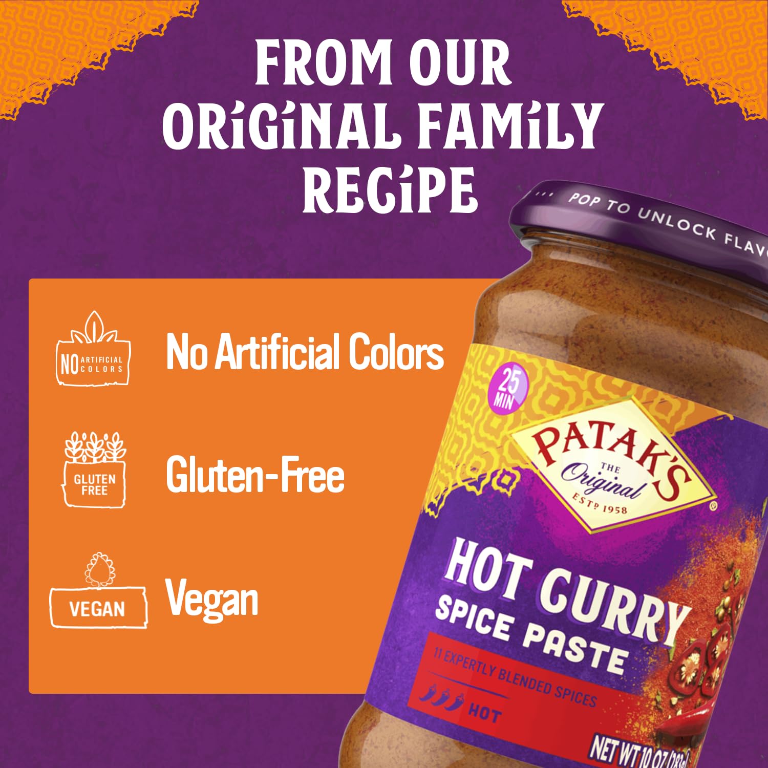 Patak's curry en sartén listo, ilustra uso en platos caseros con sabor intenso