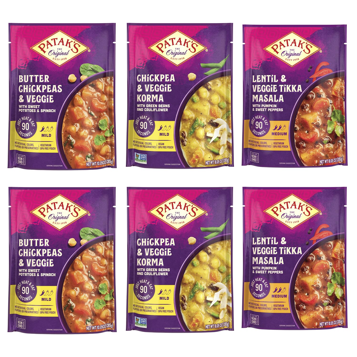 Patak's empaque frontal del pack variedad mostrando las tres recetas y conveniencia