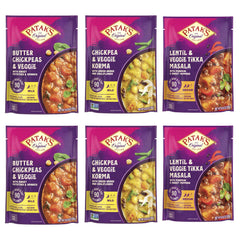 Patak's empaque frontal del pack variedad mostrando las tres recetas y conveniencia