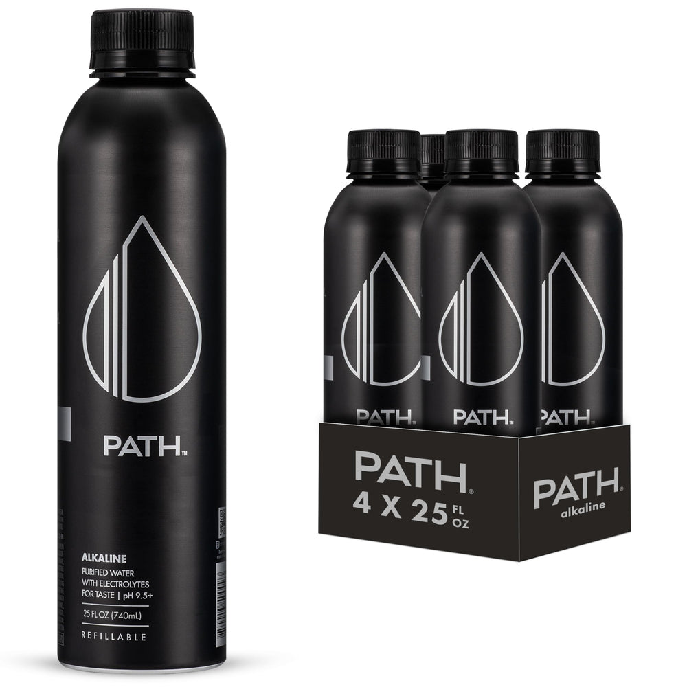 Pathwater botella frontal de aluminio mostrando diseño y beneficio ecológico