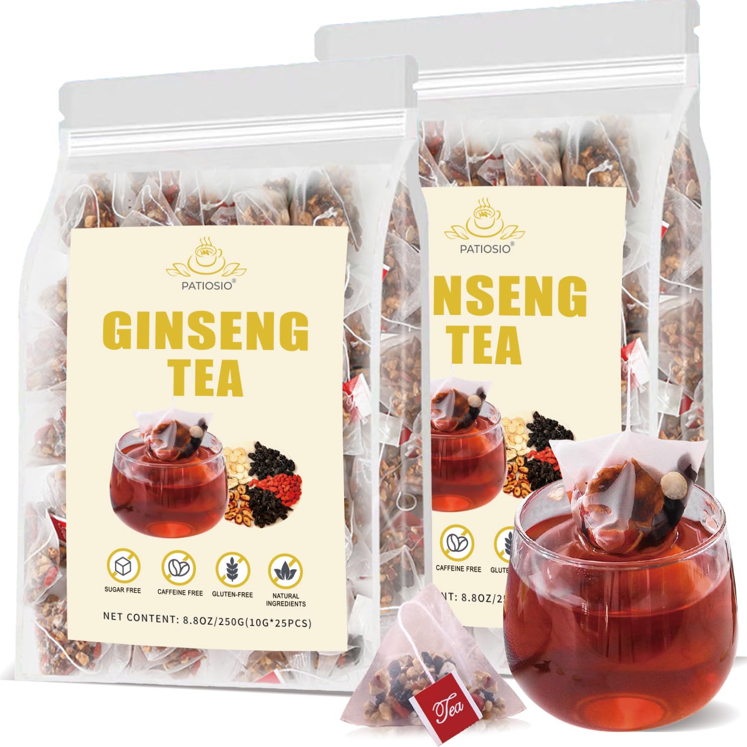 Patiosio frente del paquete Ginseng Kidney Tea mostrando presentación y cantidad