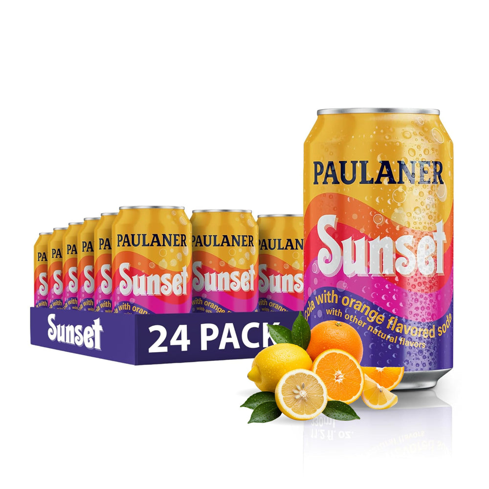 Paulaner Sunset lata frente mostrando el diseño retro y atractivo