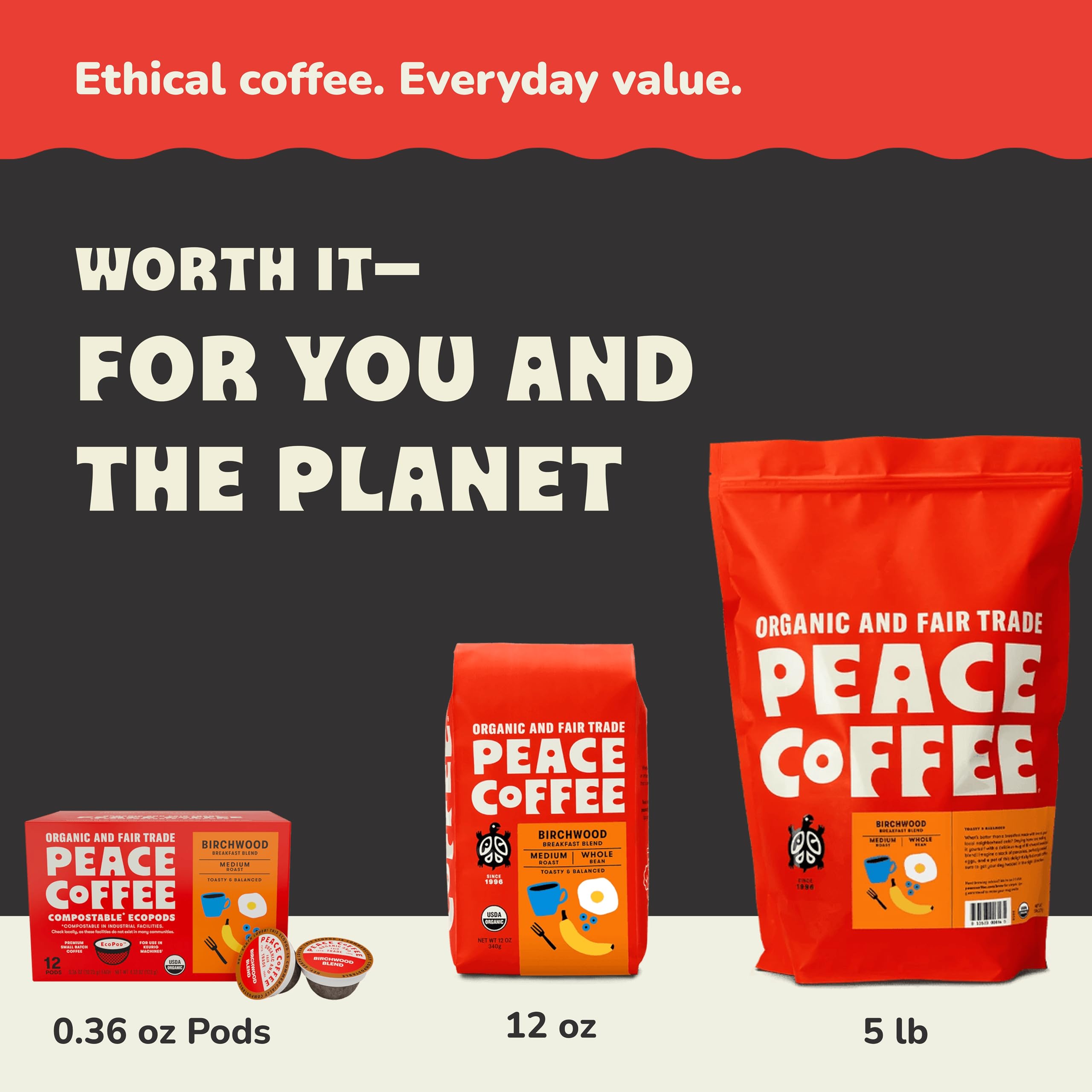 Peace Coffee etiqueta con sellos orgánico y comercio justo visibles